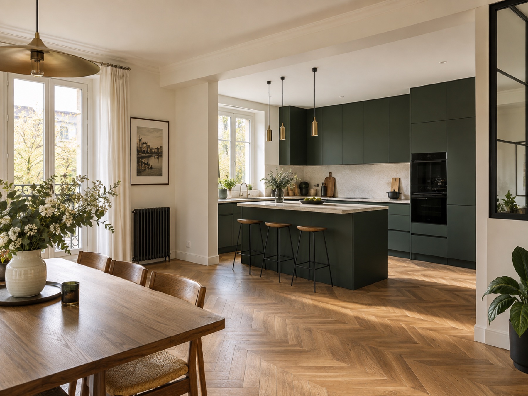 Projection d’une cuisine vert profond ouverte sur un parquet en chevrons