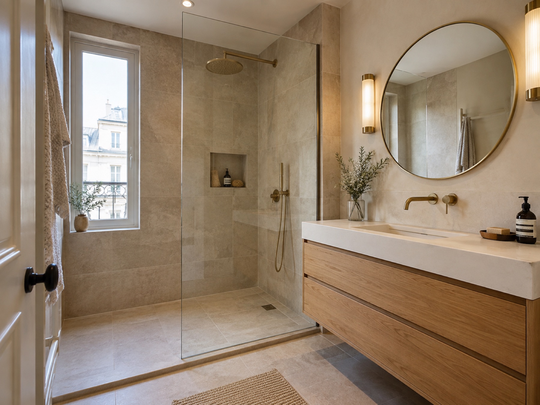 Projection d’une salle de bain rénovée en pierre claire et bois