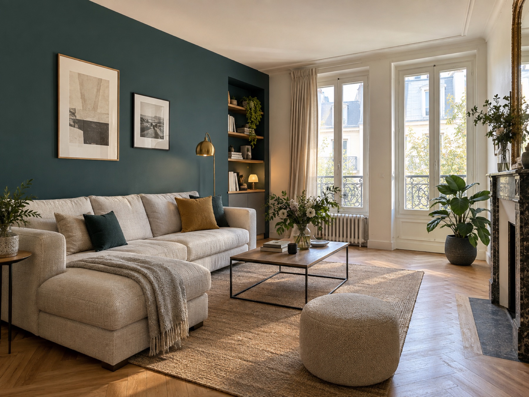 Projection d’un salon rénové avec mur bleu-vert et parquet